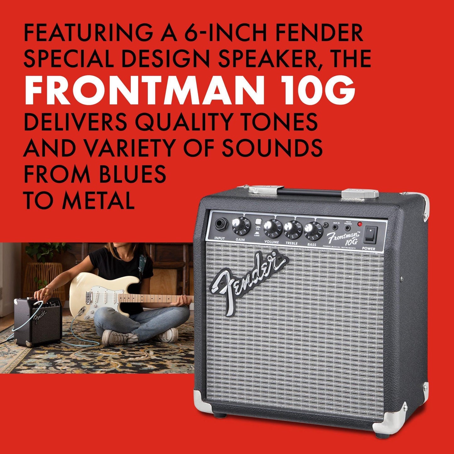 Fender Frontman 10G Guitar Amp, 10 Watts, with 2-Year Warranty, 6 Inch Fender Special Design Speaker, 5.75Dx10.25Wx11H Inches
