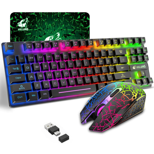 Wireless Gaming Keyboard and Mouse Combo with 87 Key Rainbow LED Backlight Rechargeable 3800mAh Battery Mechanical Feel Anti-ghosting Ergonomic Waterproof RGB Mute Mice for Computer PC Gamer (Black)