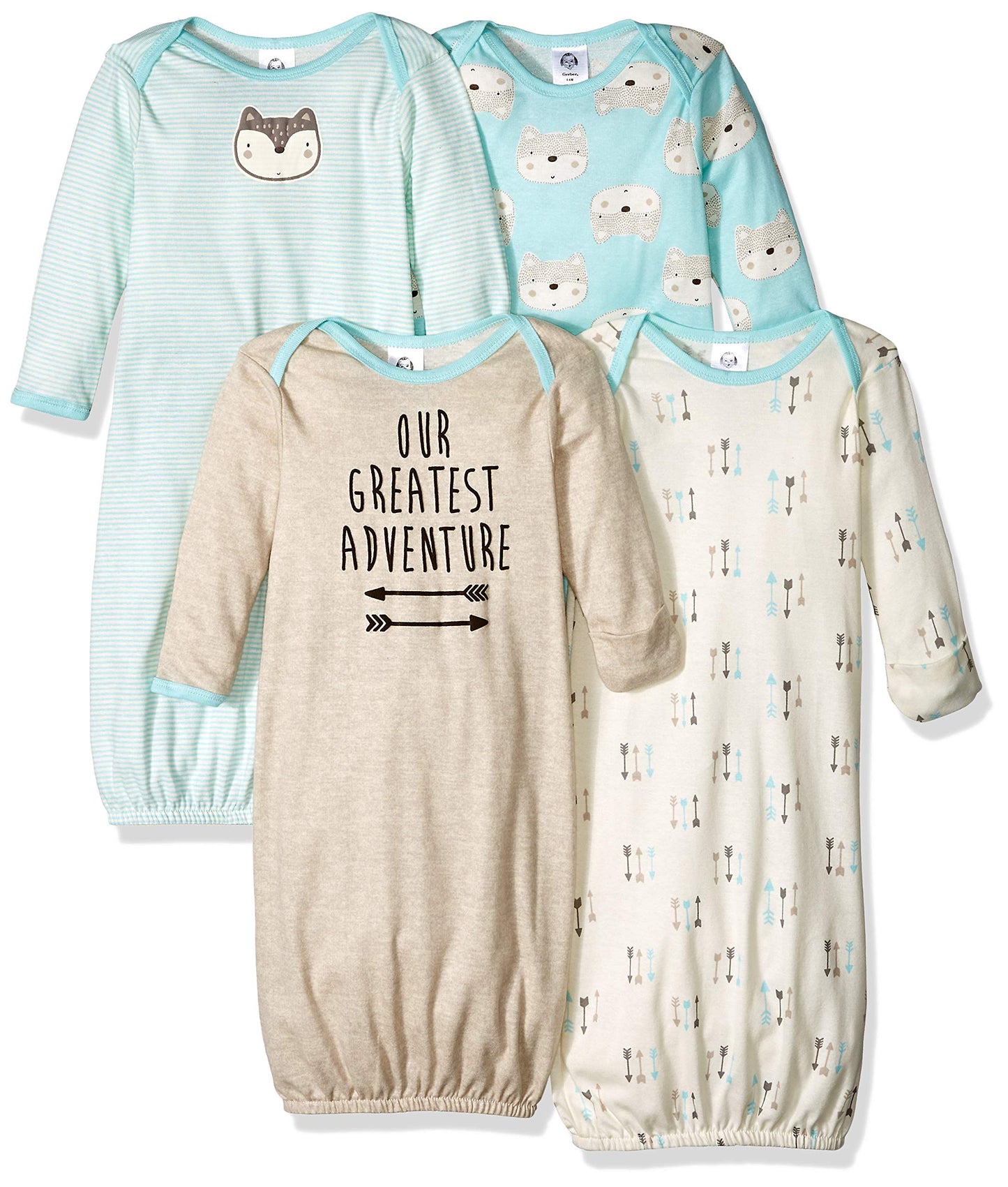 Gerber Unisex Baby Boy and Girls 4-Pack Sleeper Gown Aqua Fox 0-6 Months