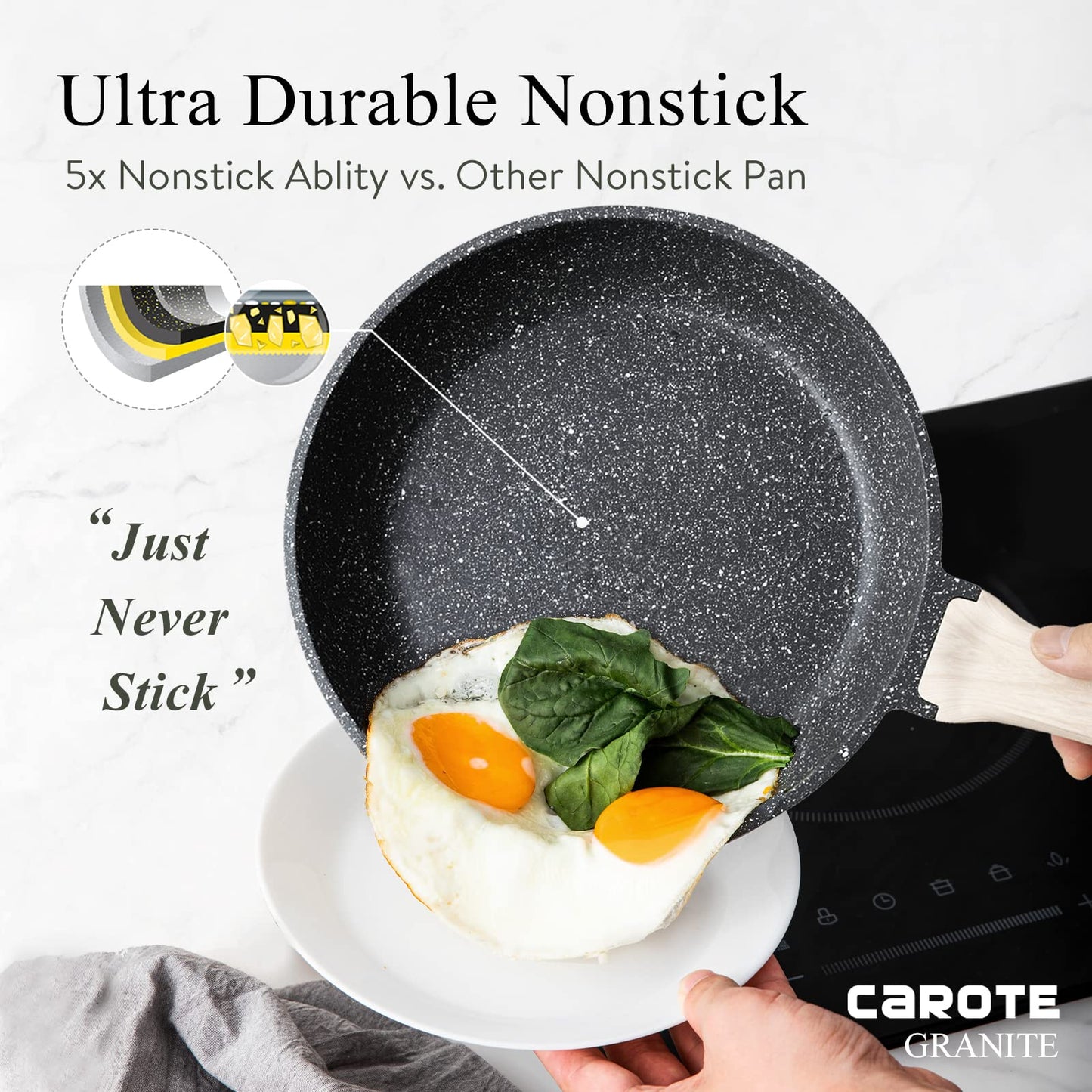 CAROTE Nonstick Frying Pan Skillet,8" Non Stick Granite Fry Pan with Glass Lid, Egg Pan Omelet Pans, Stone Cookware Chef's Pan, PFOA Free (Classic Granite, 8-Inch)