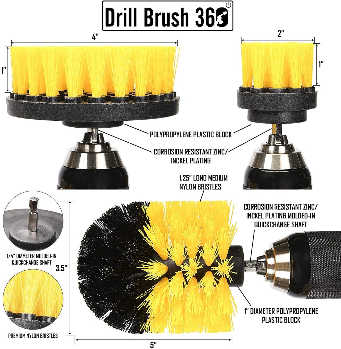 Original Drill Brush 360 Attachments 3 Pack kit Medium- Yellow All Purpose Cleaner Scrubbing Brushes for Bathroom Surface, Grout, Tub, Shower, Kitchen, Auto,Boat,RV