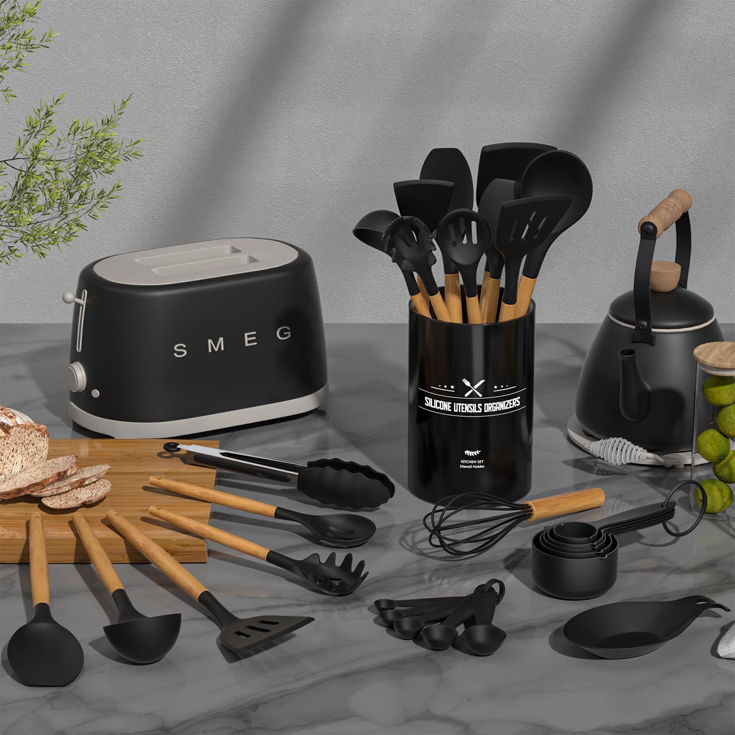 Umite Chef Kitchen Cooking Utensils Set, 33 pcs Non-Stick Utensils Spatula Set with Holder, Black Wooden Handle Silicone Kitchen Gadgets