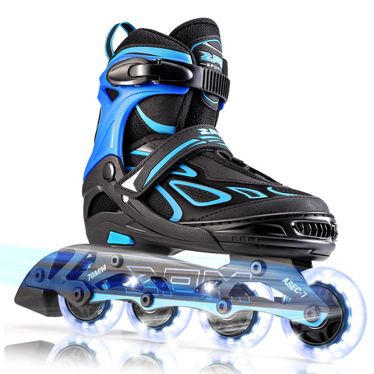 2PM SPORTS Vinal Boys Adjustable Flashing Inline Skates, All Wheels Light Up, Fun Illuminating Skates for Kids and Men- Azure Small (1-4 US)