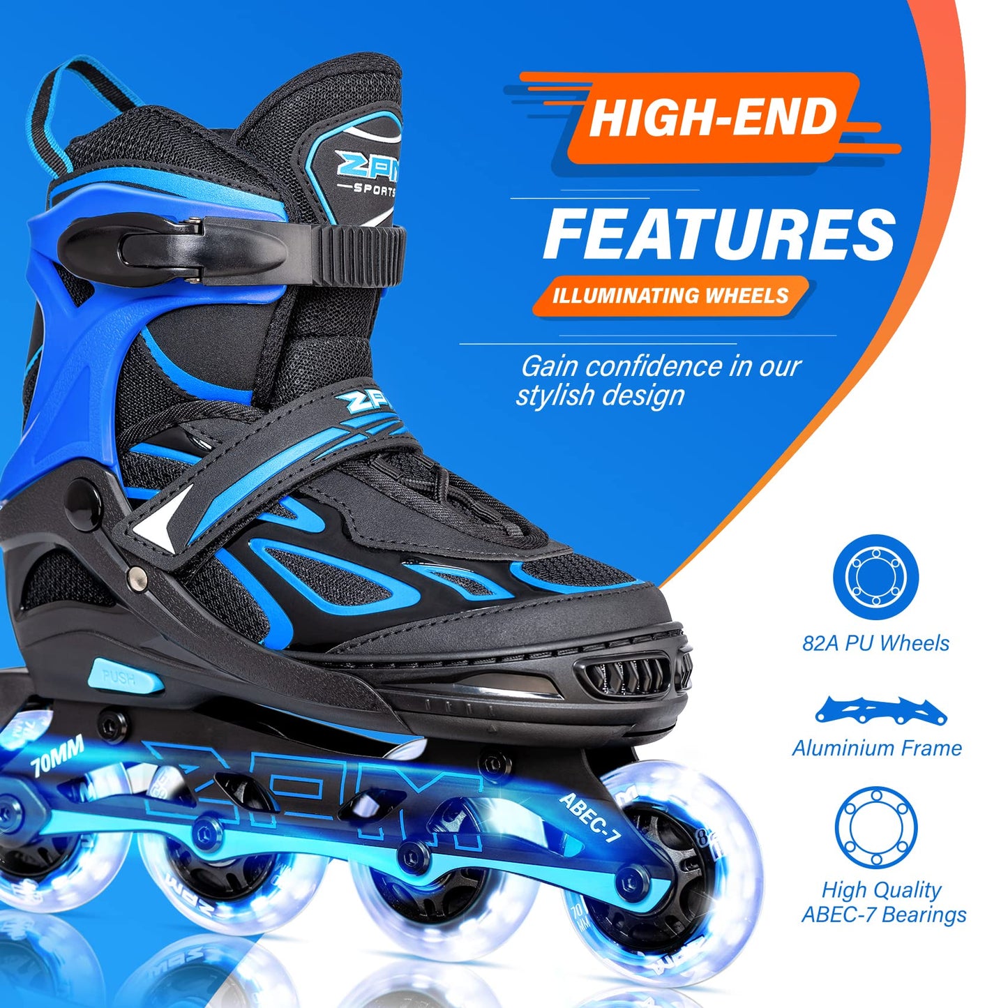 2PM SPORTS Vinal Boys Adjustable Flashing Inline Skates, All Wheels Light Up, Fun Illuminating Skates for Kids and Men- Azure Small (1-4 US)