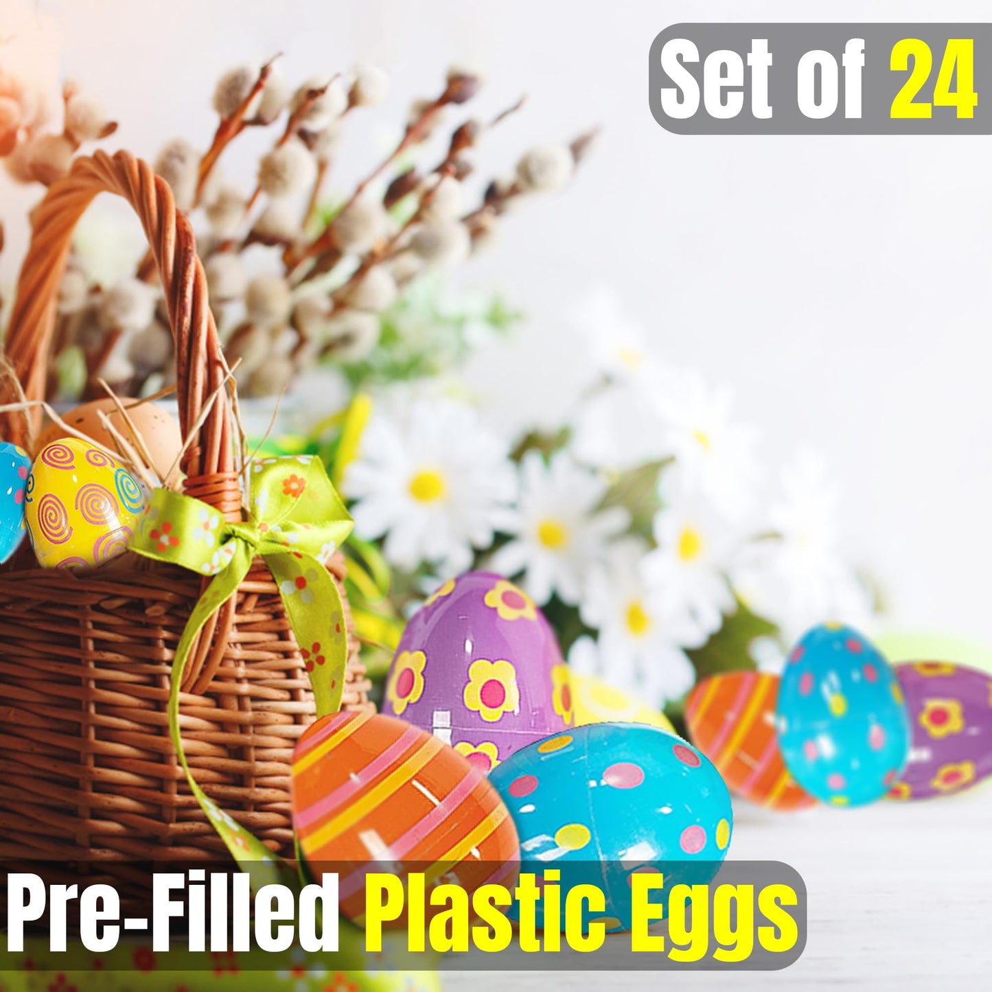 Candy Filled Easter Eggs - Bulk 24 Pieces Pre-filled Plastic Eggs - Easter Hunt Party Supplies - 1 lb