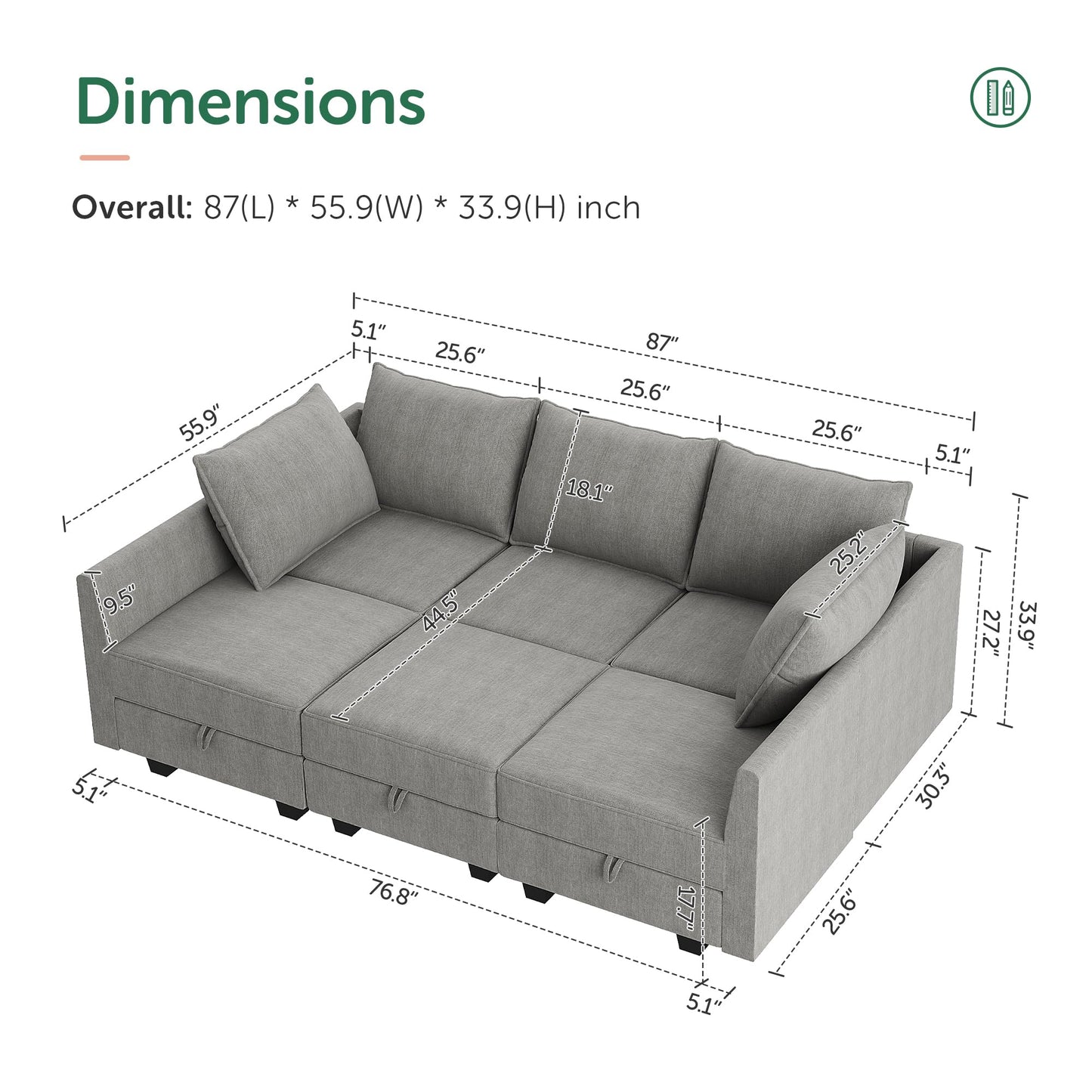HONBAY Modular Sectional Sleeper Sofa Reversible Modular Couch with Storage Seats Modular Sleeper Sectional Sofa Bed for Living Room, Grey