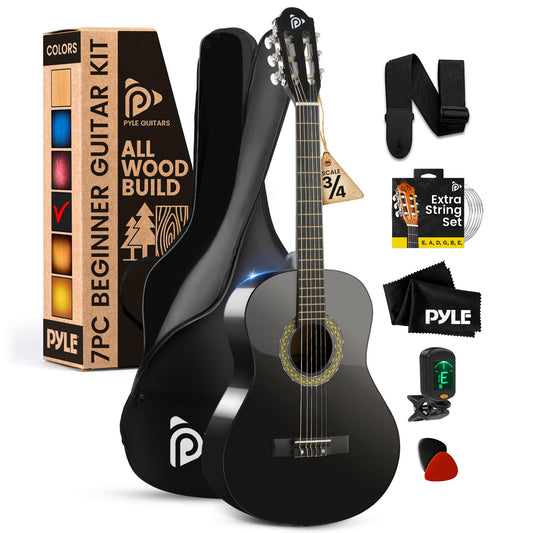 Pyle Beginner Acoustic Guitar Kit, 3/4 Junior Size Instrument for Kids, Adults, 36" Black gloss