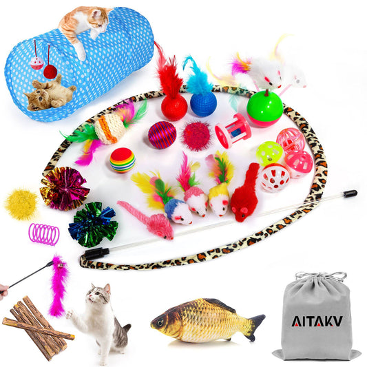 AILUKI 31 PCS Cat Toys Kitten Toys Assortments,Variety Catnip Toy Set Including 2 Way Tunnel,Cat Feather Teaser,Catnip Fish,Mice,Colorful Balls and Bells for Cat,Puppy,Kitty