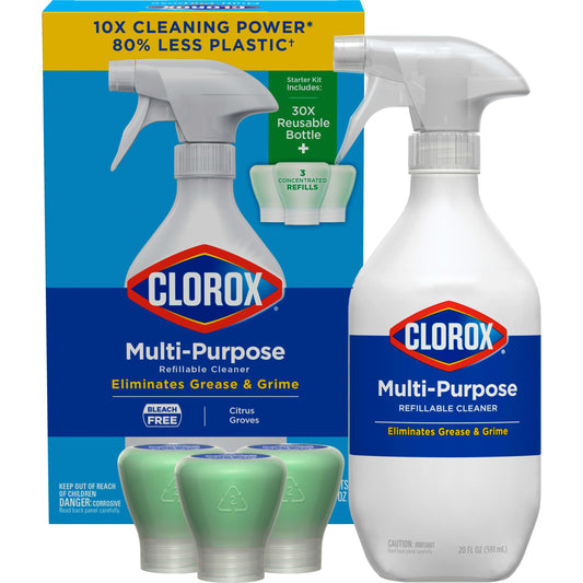 Clorox Multi-Purpose Spray Starter Kit 3x1.125fo, Household Essentials, Concentrated Refill + 20fo Spray Bottle