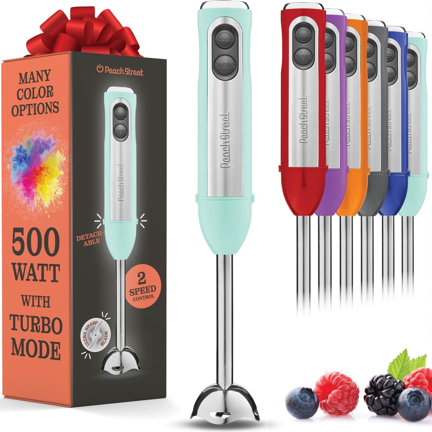 Powerful Immersion Blender, Electric Hand Blender 500 Watt with Turbo Mode, Detachable Base. Handheld Kitchen Blender Stick for Soup, Smoothie, Puree, Baby Food, 304 Stainless Steel Blades (Aqua)