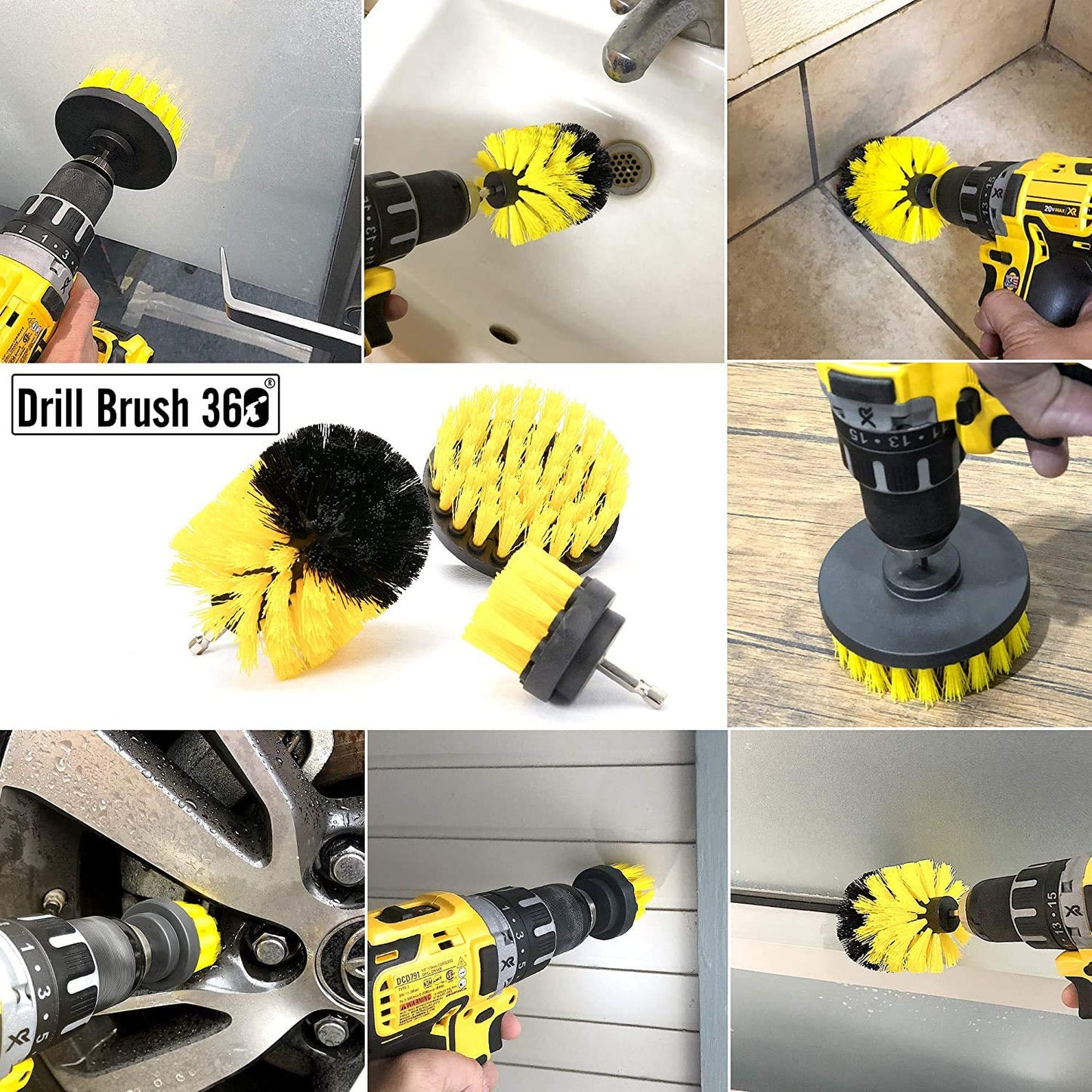 Original Drill Brush 360 Attachments 3 Pack kit Medium- Yellow All Purpose Cleaner Scrubbing Brushes for Bathroom Surface, Grout, Tub, Shower, Kitchen, Auto,Boat,RV