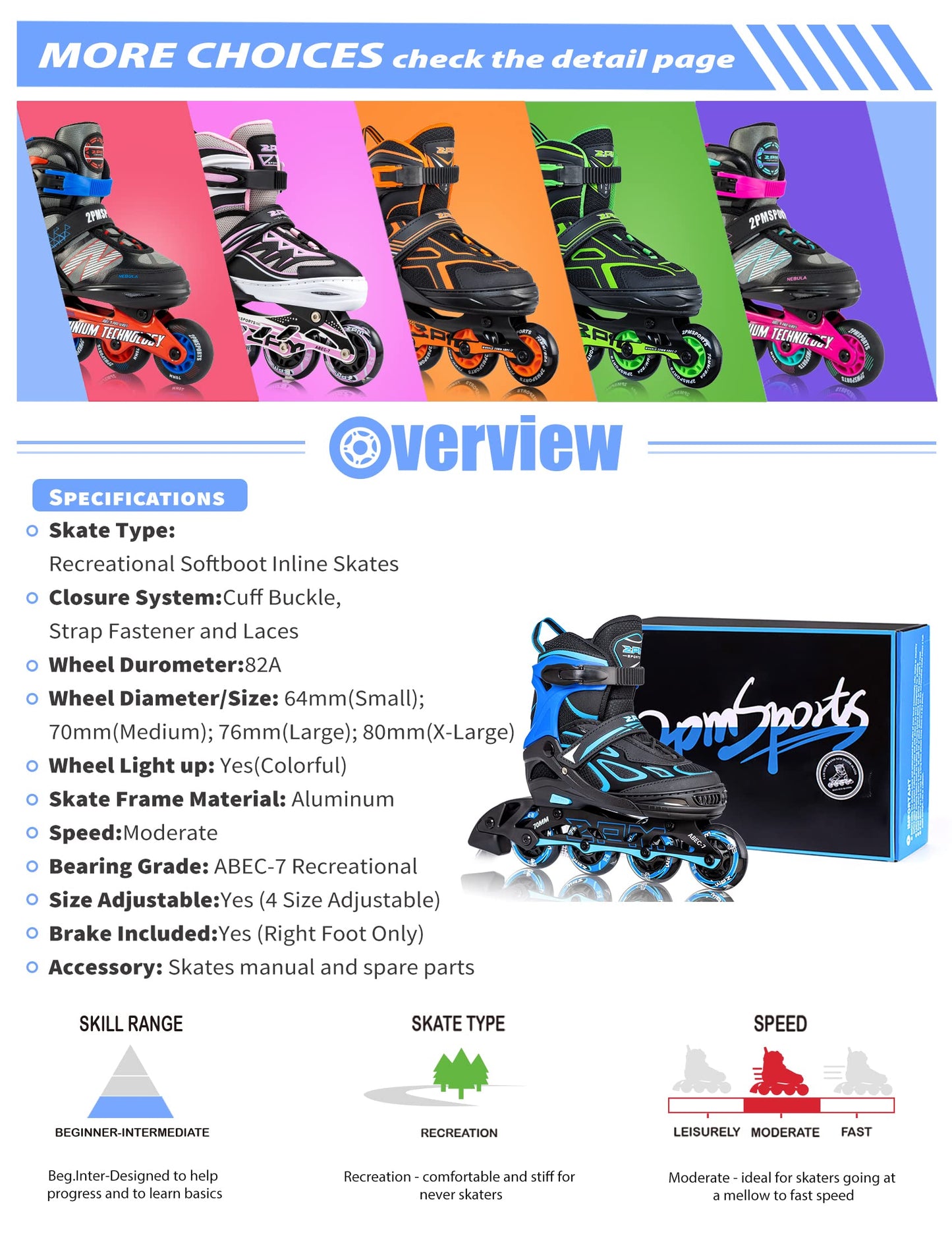 2PM SPORTS Vinal Boys Adjustable Flashing Inline Skates, All Wheels Light Up, Fun Illuminating Skates for Kids and Men- Azure Small (1-4 US)