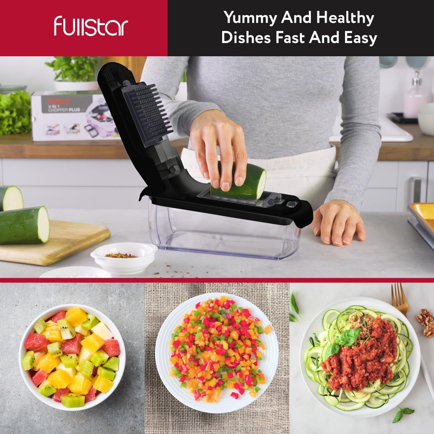 Fullstar Vegetable Chopper - Spiralizer Vegetable Slicer - Onion Chopper with Container - Pro Food Chopper - Slicer Dicer Cutter - (2 in 1, Black)