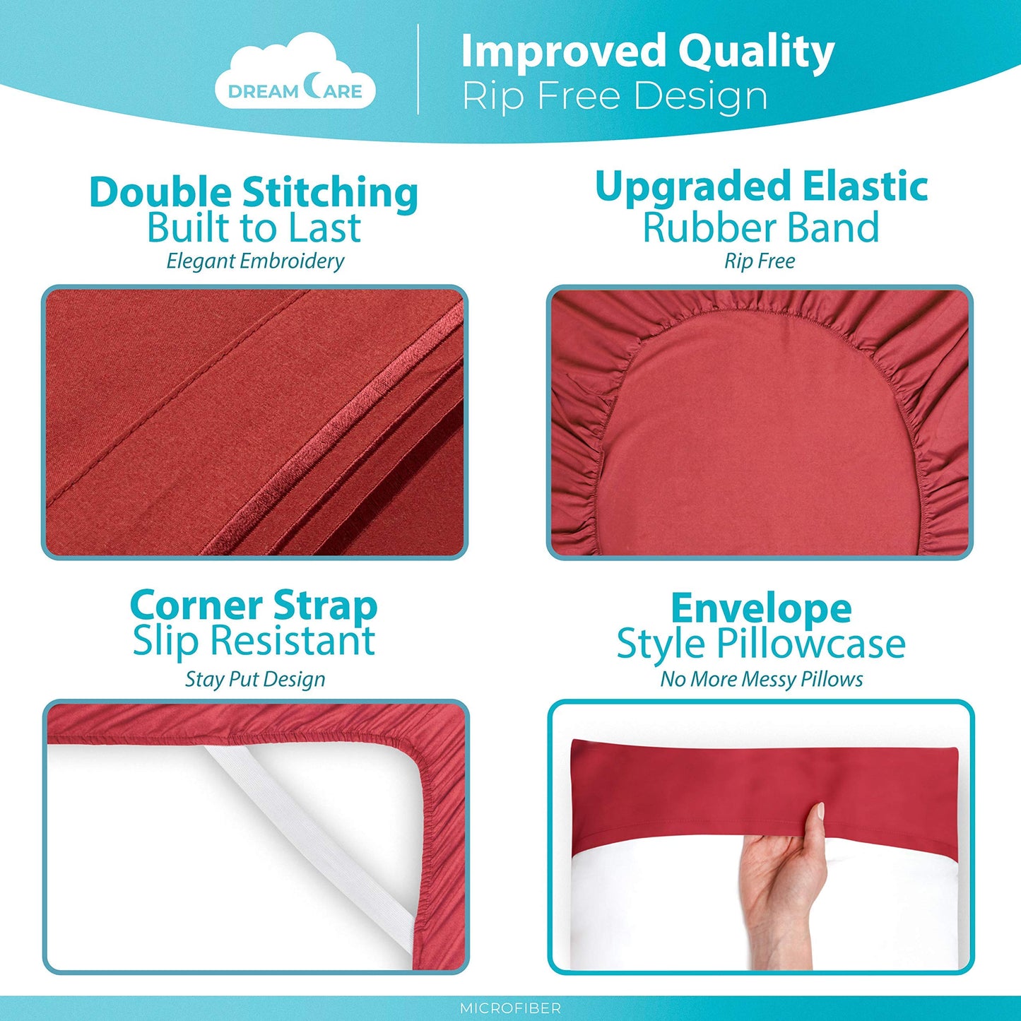 DREAMCARE Queen Sheet Set - Cooling Bed Sheets - 4pcs Set - Queen Sheets - Sheets for Queen Size Bed - Queen Size Sheets Soft & Long Lasting 100% Fine Brushed Polyester with Side Pocket - Burgundy