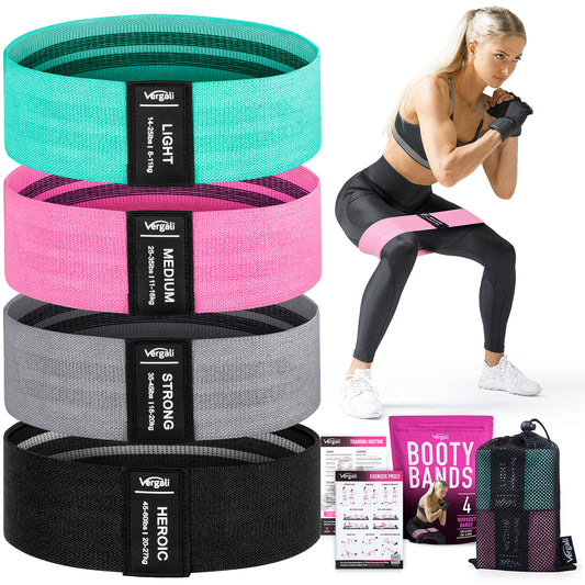 4 Fabric Booty Exercise Bands for Women & Men - Glute, Hip & Thigh Resistance Bands with Workout Guide