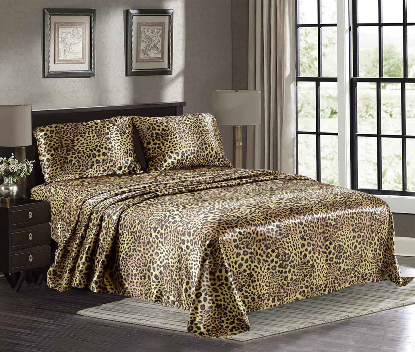 Satin Sheets Queen [4-Piece, Gold Leopard] Hotel Luxury Silky Bed Sheets - Extra Soft 1800 Microfiber Sheet Set, Wrinkle, Fade, Stain Resistant - Deep Pocket Fitted Sheet, Flat Sheet, Pillow Cases