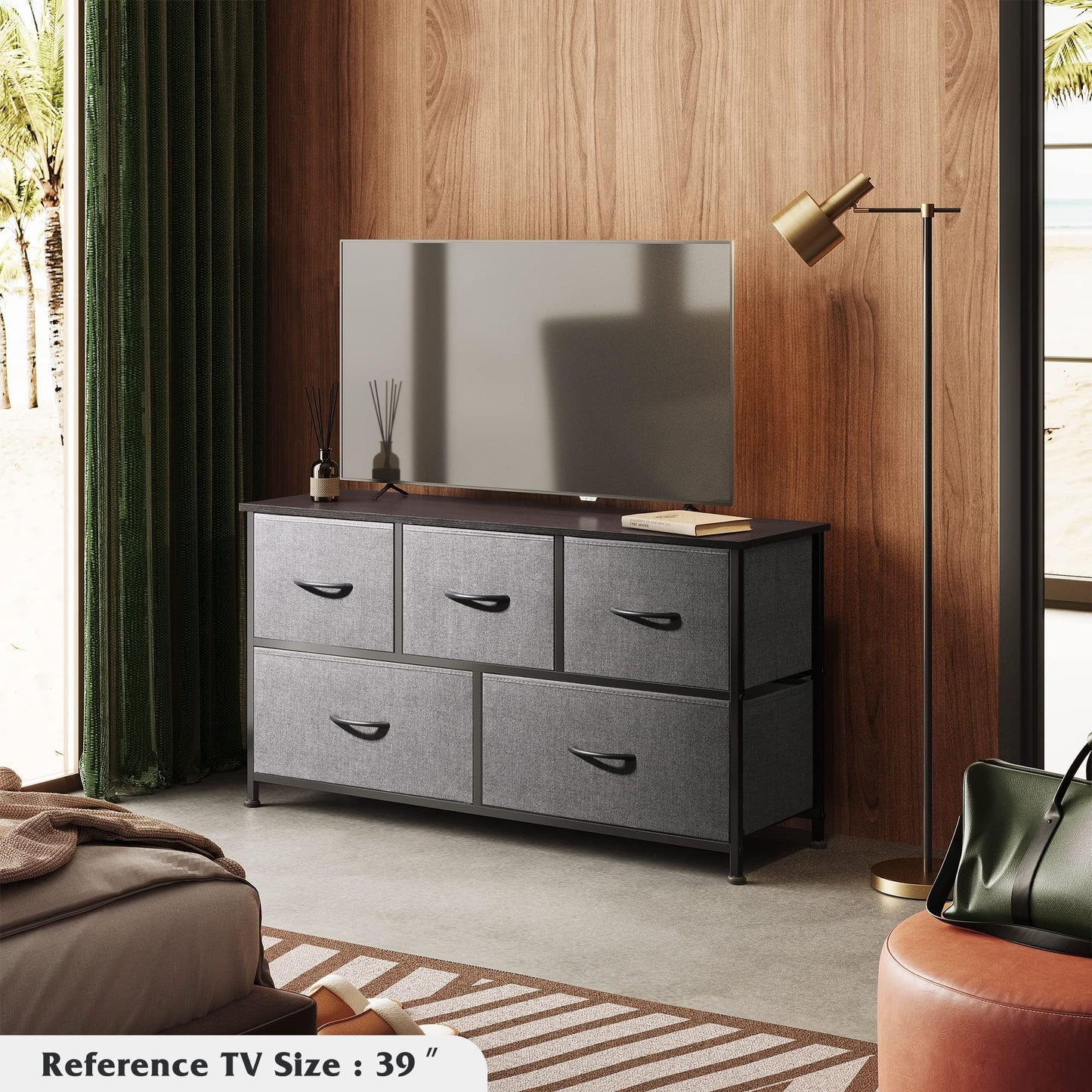 WLIVE Dresser for Bedroom with 5 Drawers, Wide Chest of Drawers, Fabric Dresser, Storage Organizer Unit with Fabric Bins for Closet, Living Room, Hallway, Dark Grey