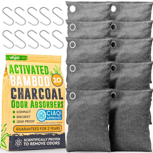 Activated Charcoal Odor Absorber 10x3.5oz w Hooks. Nature Fresh Bamboo Charcoal Air Purifying Bag Home Closet Air Freshener Deodorizer Odor Eliminator